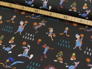Preview: Baumwoll Druck Looney Tunes beim Sport auf Schwarz